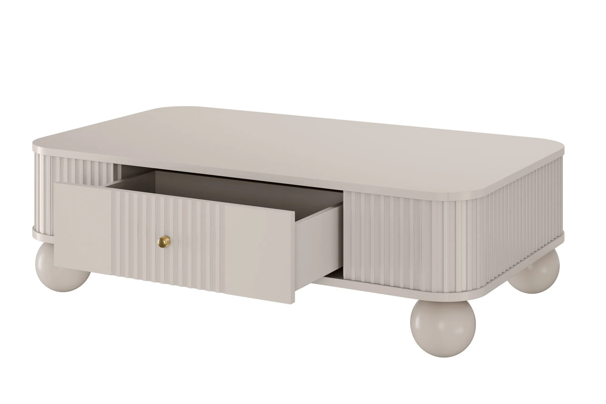 Stolik kawowy z szufladą VESPER 103 ryflowany front cashmere złote uchwyty nogi kule — zdjęcie 3