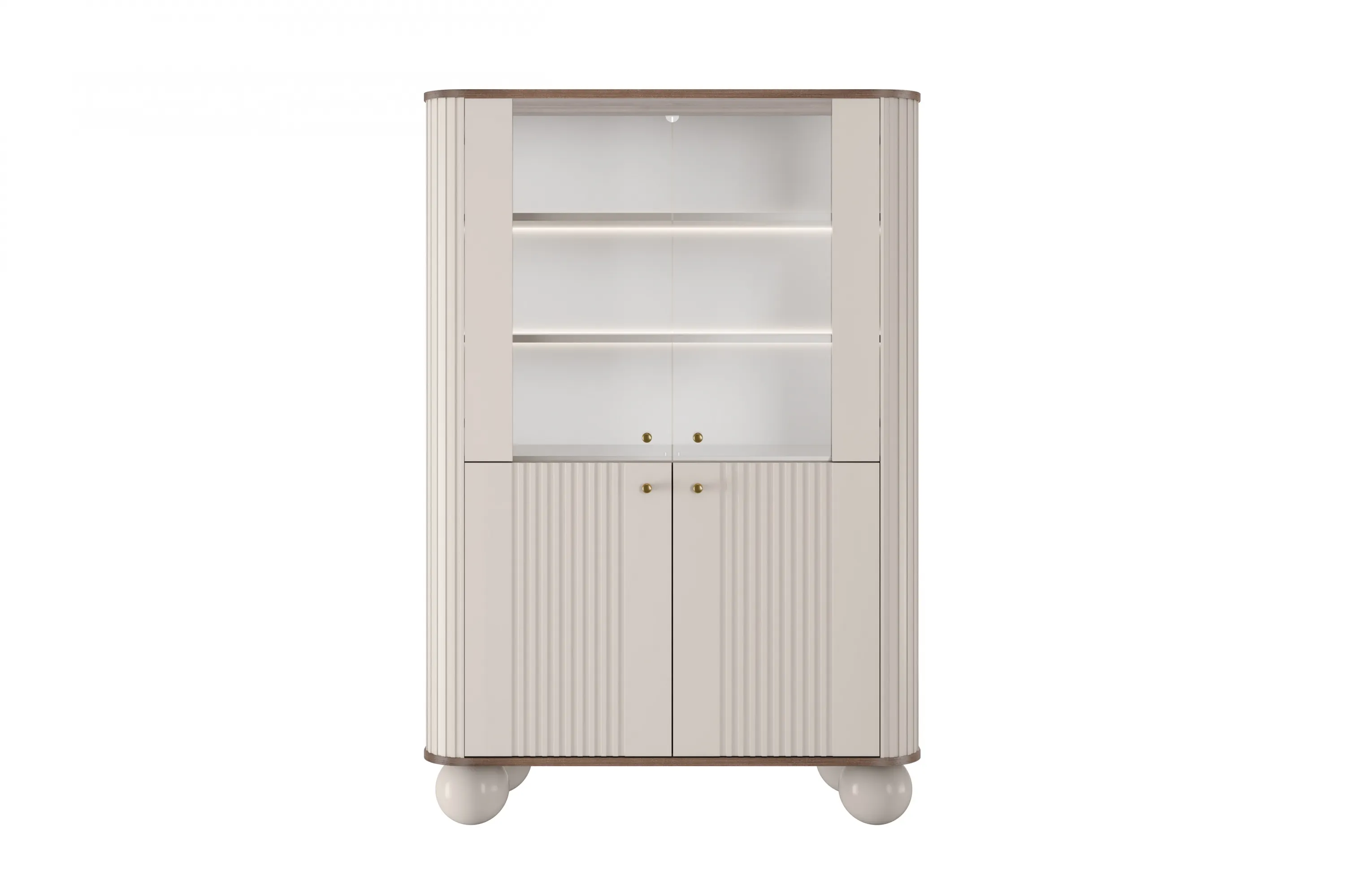 Witryna 4-drzwiowa z oświetleniem VESPER 103 ryflowany front cashmere orzech złote uchwyty nogi kule - B_167225