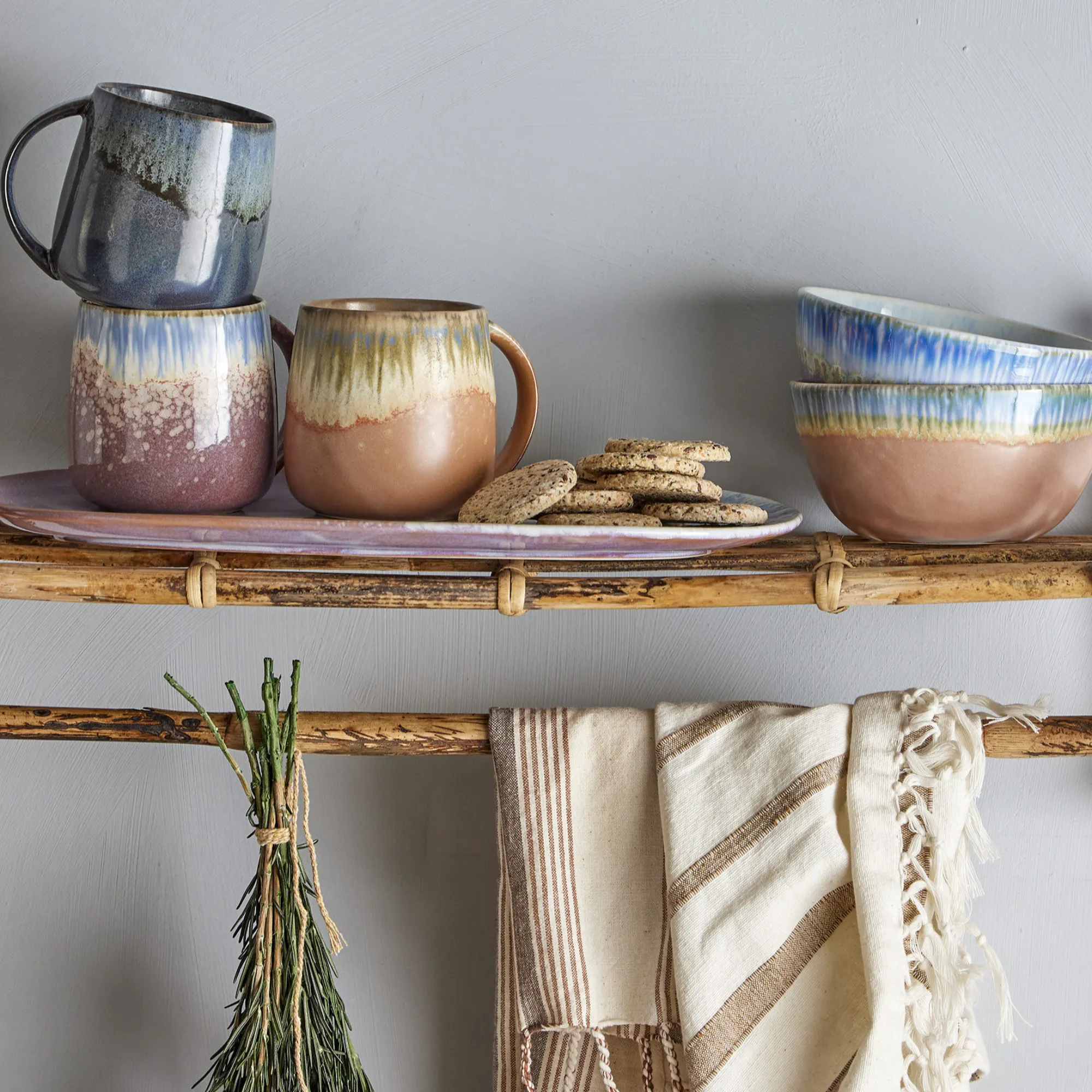 image ceramic mugs, glazed mugs, stacked mugs, cookies, wooden shelf