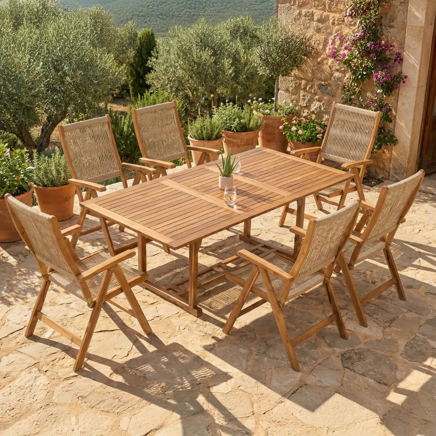 Zestaw ogrodowy AKADIA ROPE DINING stół 150(200)+6 krzeseł z regulacją - FG009253