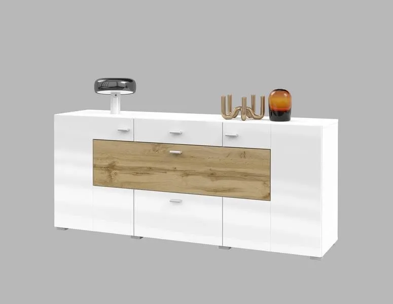 Komoda COBY 26 dwudrzwiowa z szufladami dąb wotan biały połysk 165x71x39cm