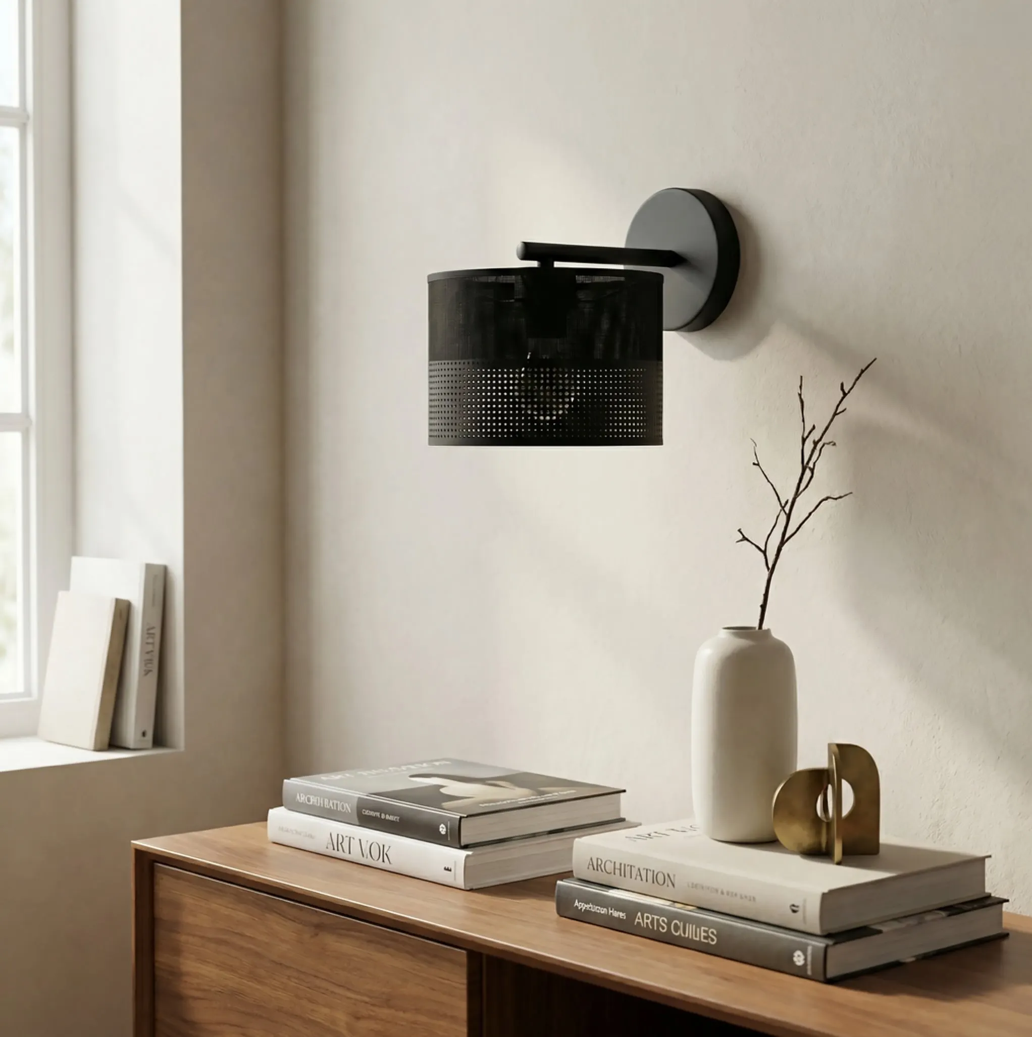 lampa, lampka ścienna, czarna lampa, siatka perforacyjna, nowoczesny wystrój
