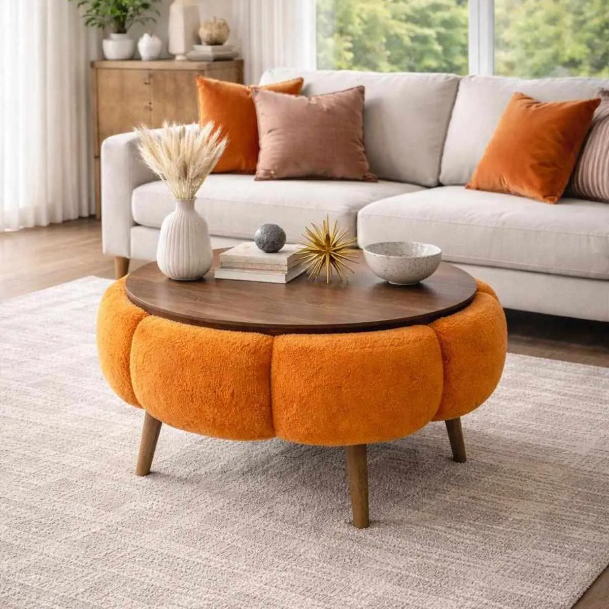 image sofa, fotel, stolik, pouf, pomarańczowy