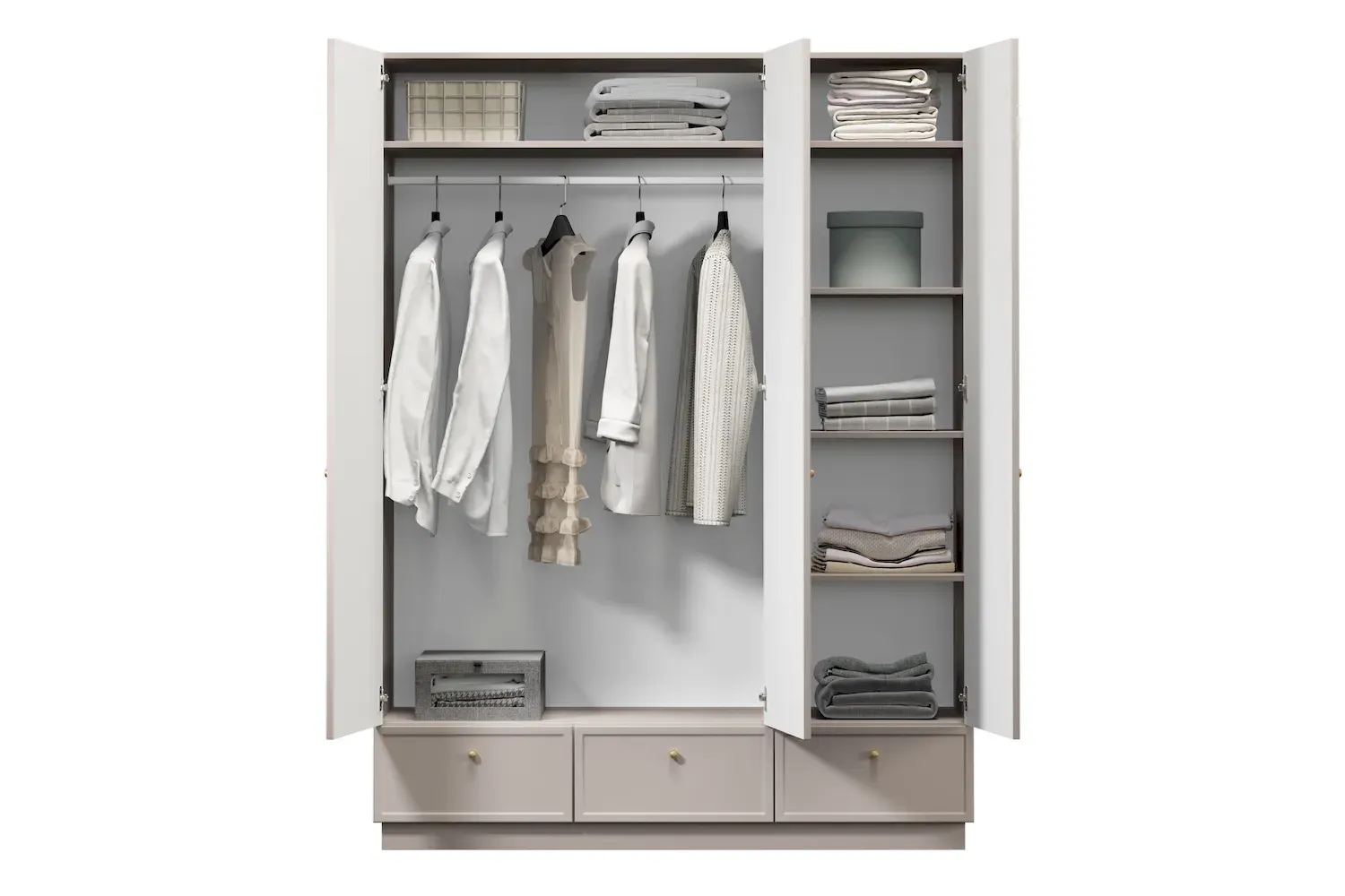 Szafa 3-drzwiowa z 3 szufladami LORINI 150 - cashmere gałka złota cokół - B_166715