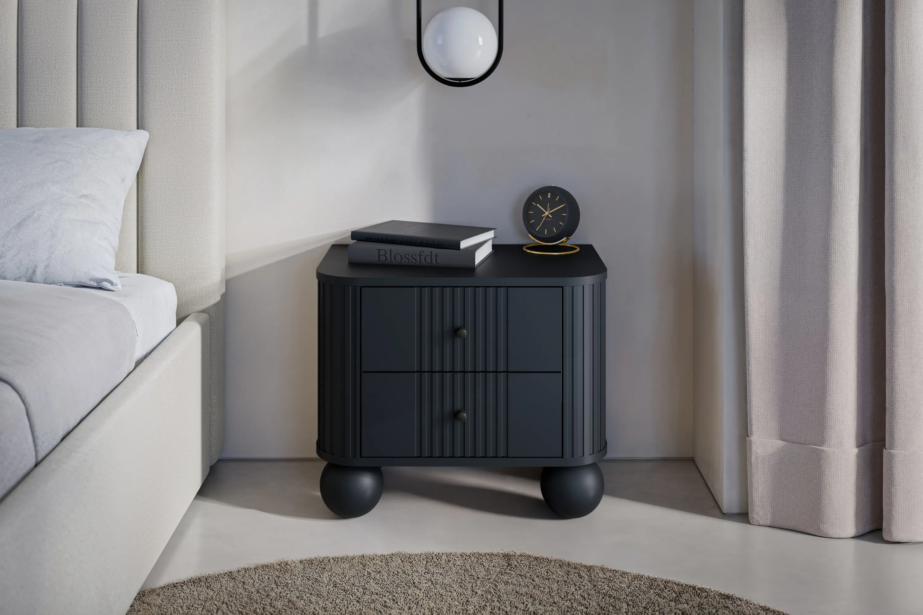 Szafka nocna z 2 szufladami VESPER 56 zestaw 2 sztuk ryflowany front czarny czarne uchwyty nogi kule - B_163849