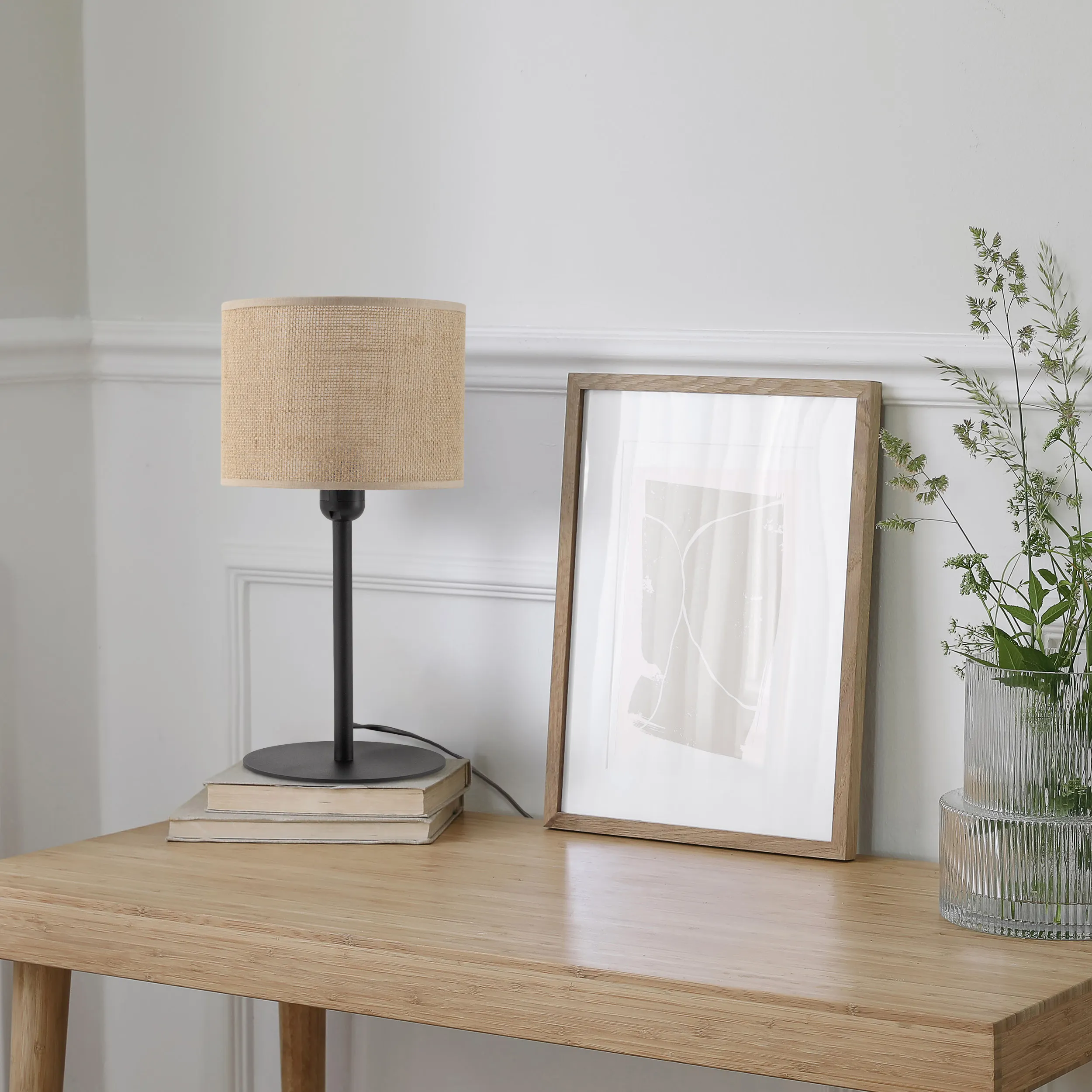 Lampka nocna JUTA czarna z brązowym abażurem okrągłym z tkaniny 39x22cm - TK_5552