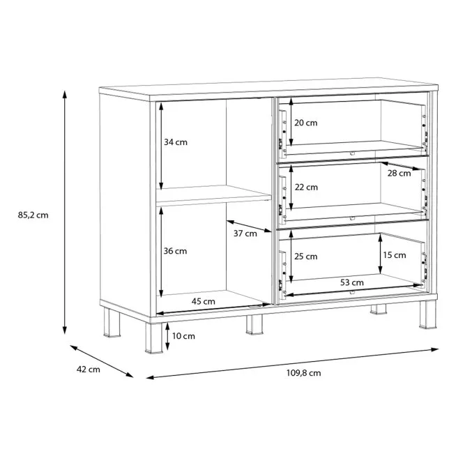 Komoda 1-drzwiowa z 3 szufladami HAYATO, efekt drewna, czarny - HYTK221-M215