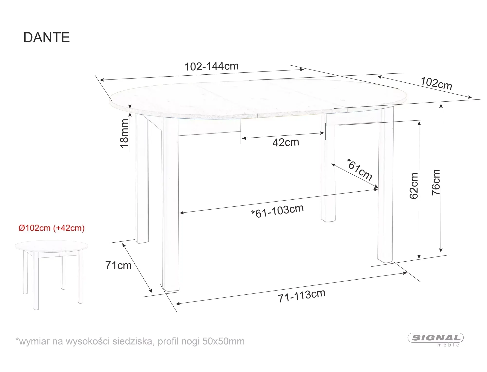 Stół rozkładany okrągły DANTE 102x102(144) dąb artisan czarne nogi Signal — zdjęcie 10