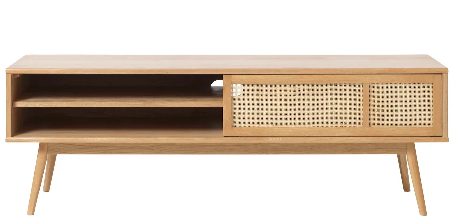 Szafka RTV 1-drzwiowa BARRALI z rattanem 150 cm - kolor: naturalny - UN_46730200