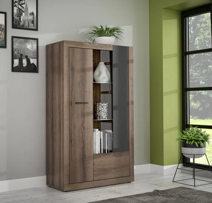 Witryna szklana niska TRASS 2-drzwiowa 159x93 dąb czarny dąb szlachetny - TRAV621R-N09