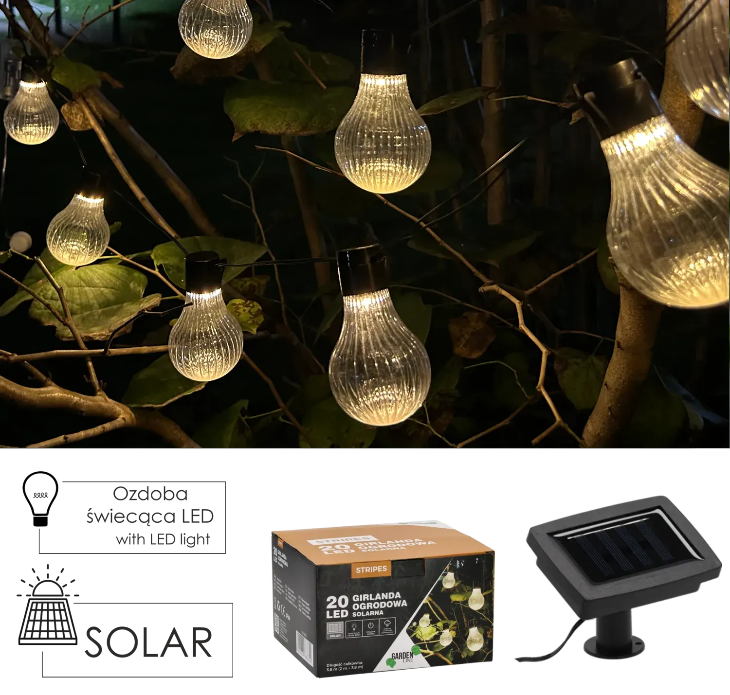 Girlanda ogrodowa solarna STRIPES 20 LED ciepły biały 3,8 m+ 2m przewód Girlanda ogrodowa solarna STRIPES 20 LED ciepły biały 3,8 m+ 2m przewód
