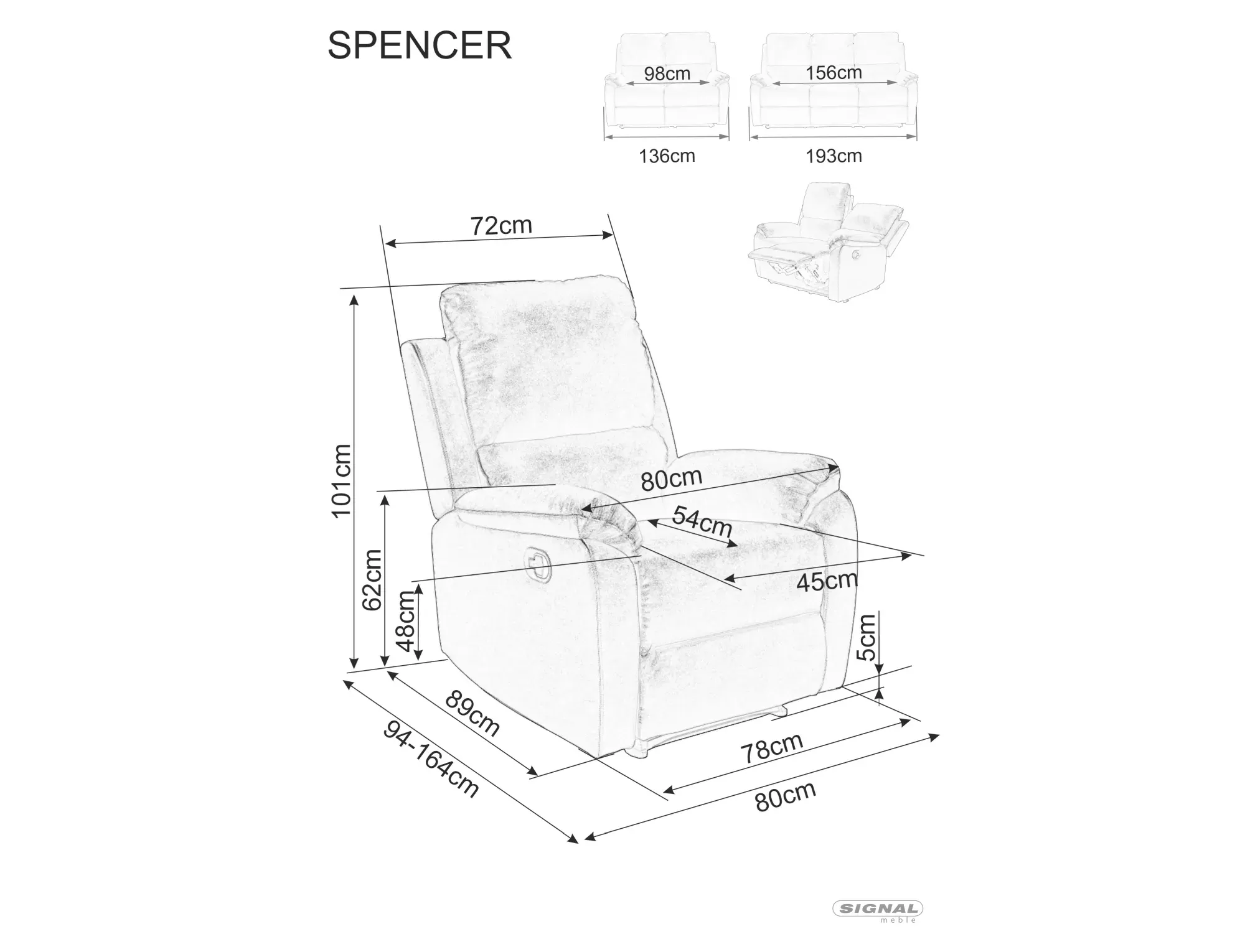 Sofa z regulowanym podnóżkiem SPENCER 2 VELVET 136 cm szara Signal — zdjęcie 7