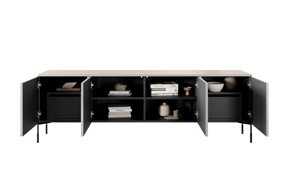 Szafka RTV SONATIA 200 z 2 szufladami - kremowa - czarne nogi - B_149138