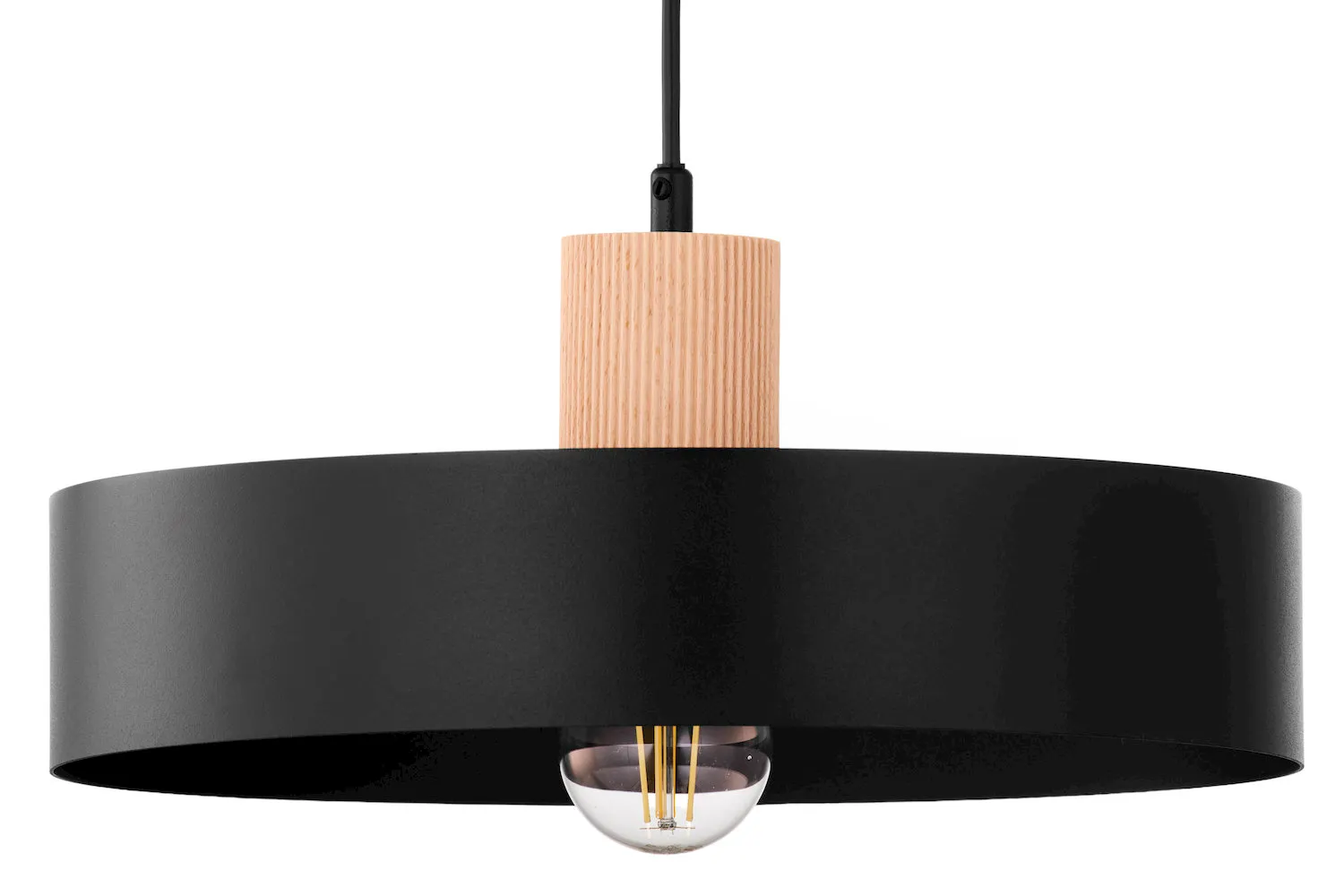 lampa wisząca, kolor czarny, korpus metalowy, drewniany trzon, żarówka led lub żarówka