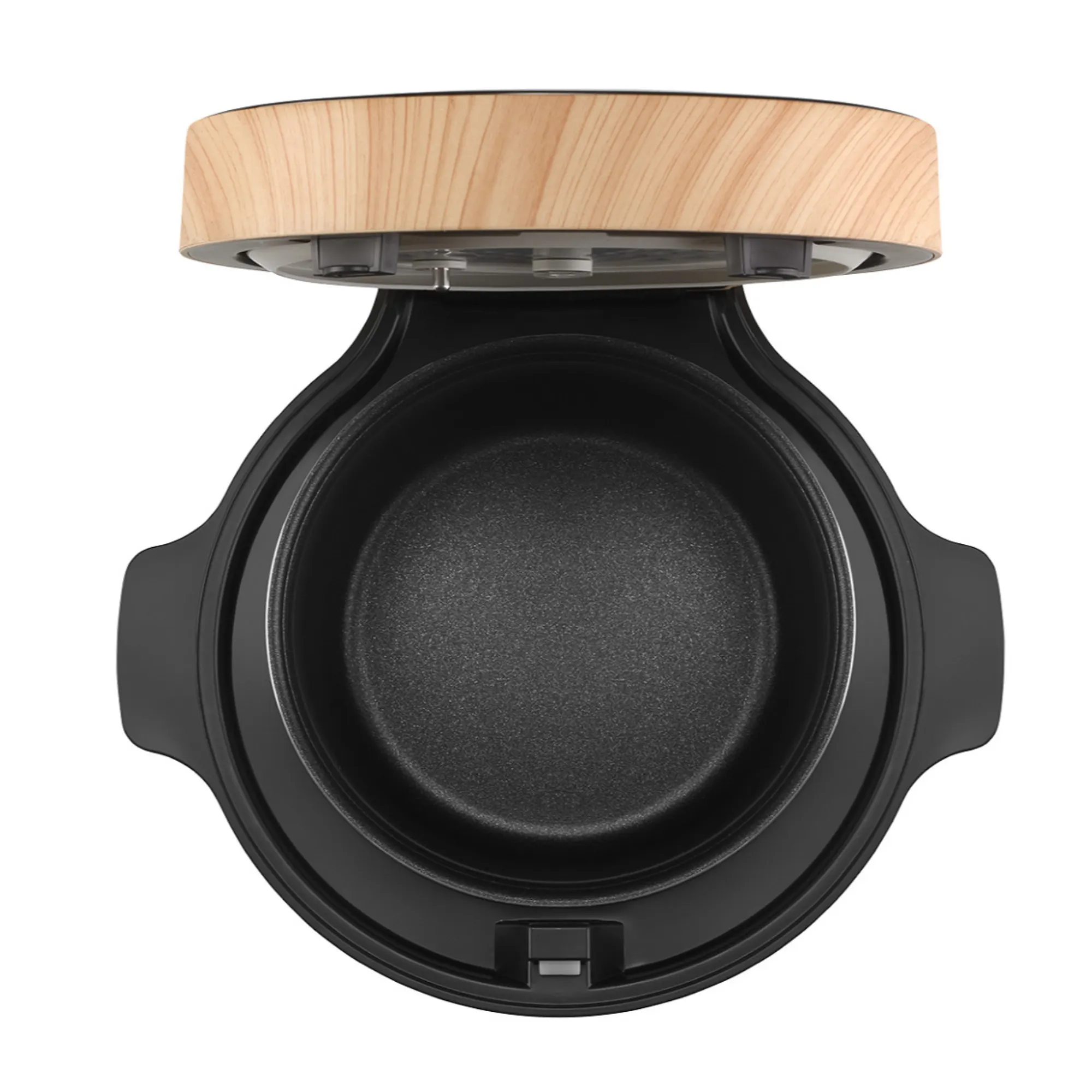 patelnia, ceramiczny garnkowy, drewniana pokrywa, czarna patelnia, pokrywa drewniana