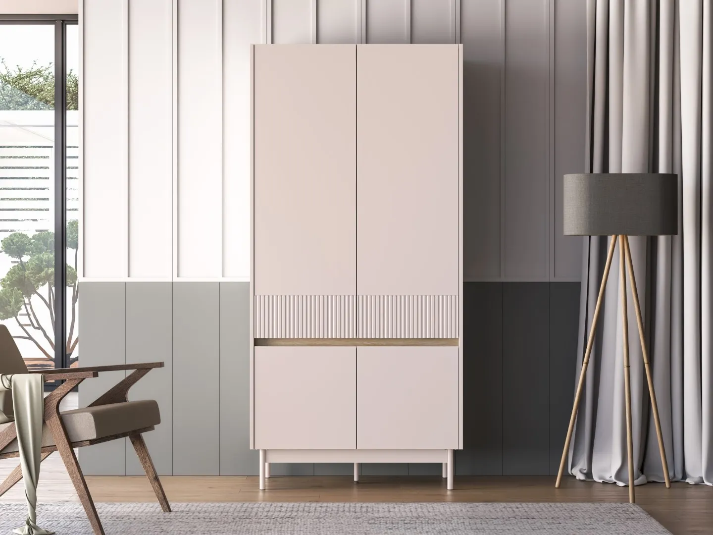 Szafa 4-drzwiowa z drążkiem DUNEA 196x92 ryflowana kaszmir - dąb cremona - 1DUNE01-001