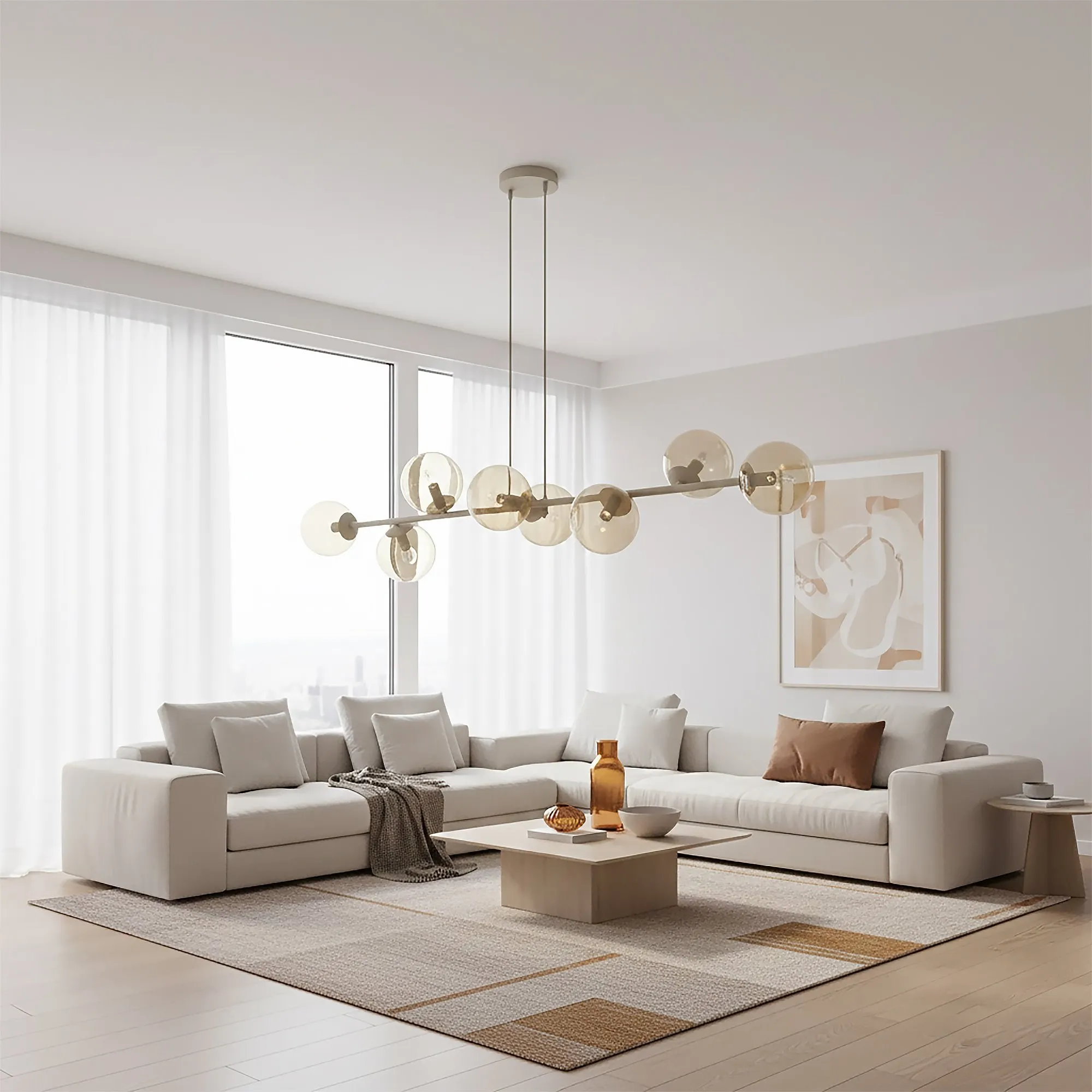 salon, sofa, lampa wisząca, minimalistyczny, poduszki