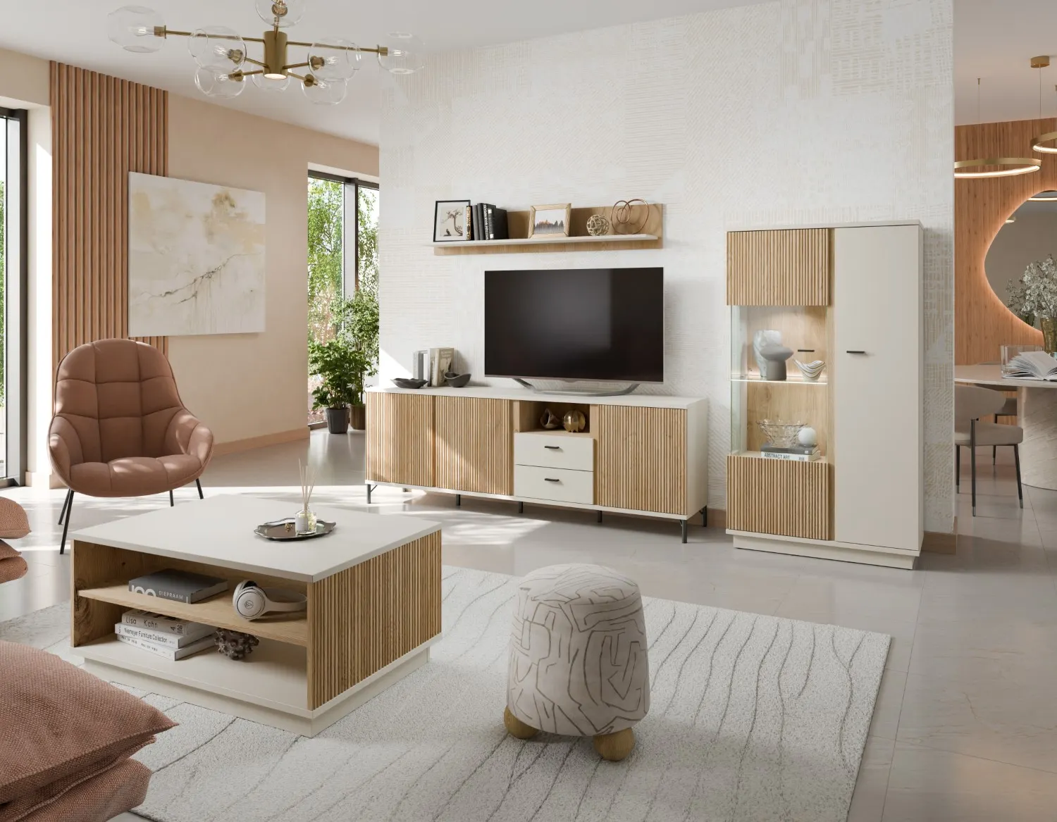 Komoda RTV 3-drzwiowa z szufladami MOSANO 200 cm kaszmir/dąb cremona — zdjęcie 7
