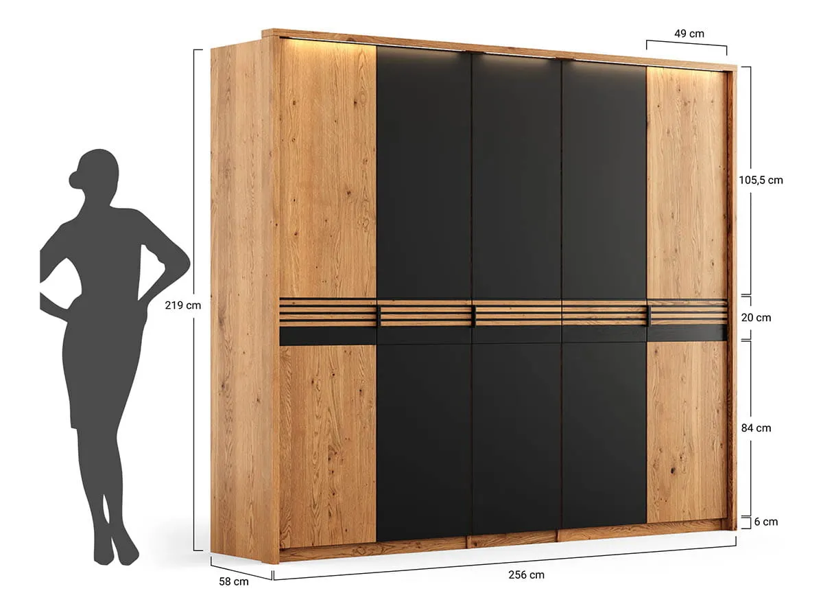 Szafa modułowa 5-drzwiowa ( potrójne drzwi szklane ) RAVELLO Dąb Olejowany, Czarny - ZIRAV05D03SZ