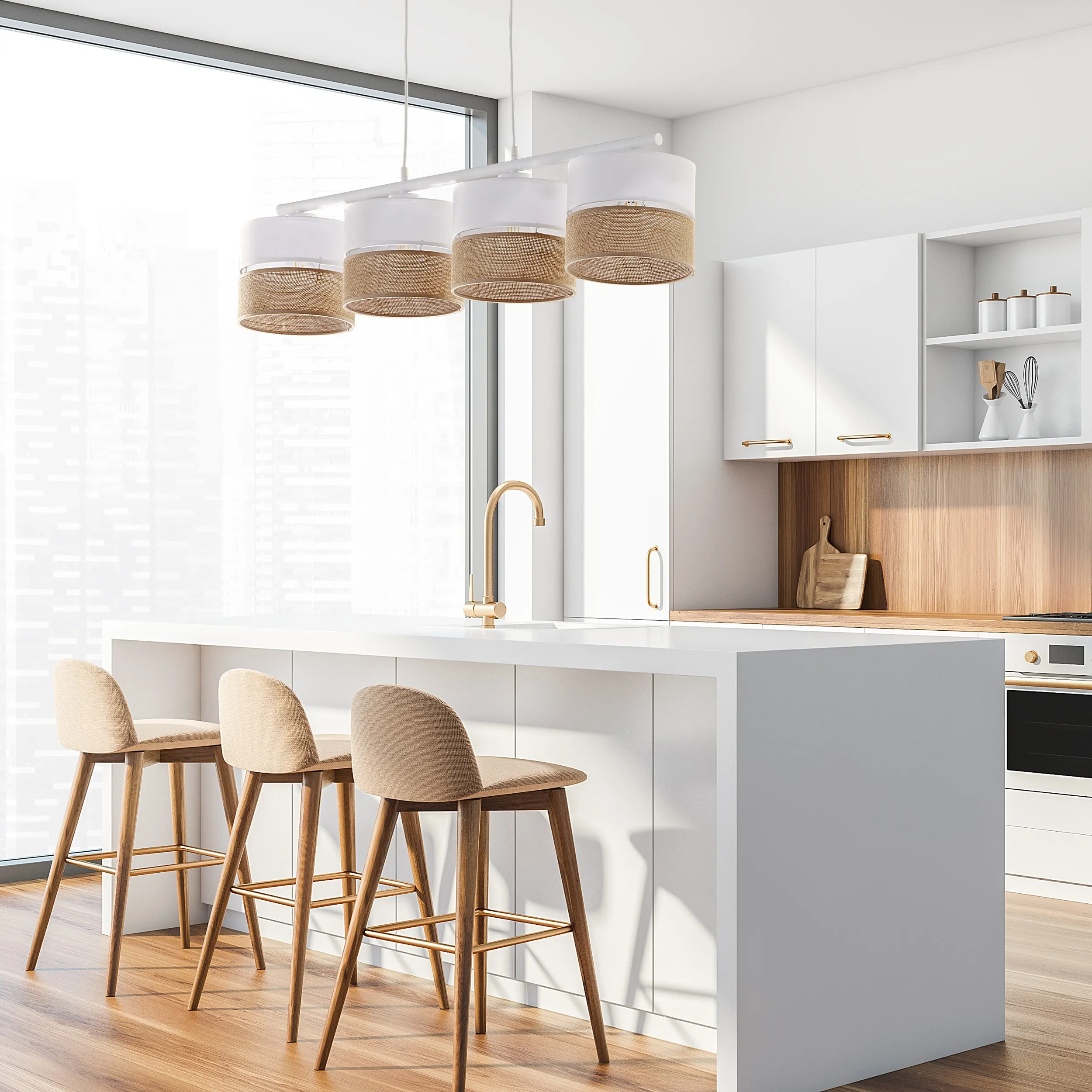 Lampa wisząca LINOBIANCO biała z brązowymi elementami z tkaniny 95x90x20cm - TK_6576