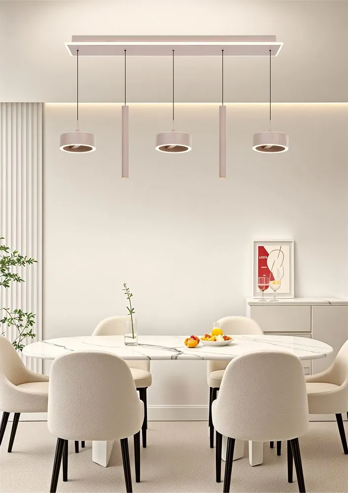 lampa wisząca, stół jadalniany, krzesła tapicerowane, kabel podwieszany, wnętrze minimalistyczne