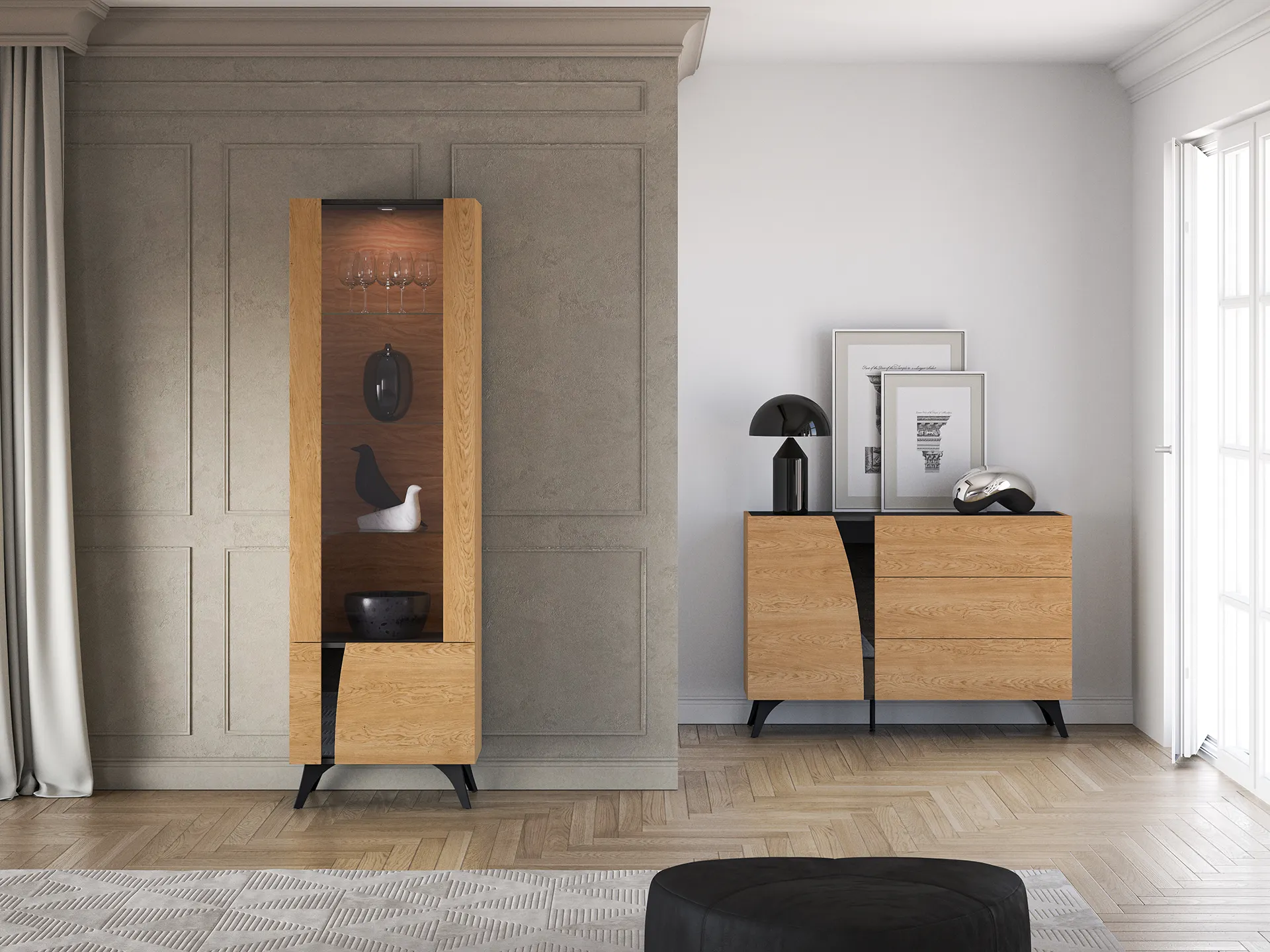 Witryna 1-drzwiowa TOSCANIA 02 prawa dąb baltic dune jesion prestige czarny - 1TOSC02P-001