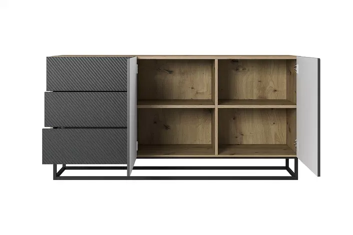 Komoda 2-drzwiowa z 3 szufladami ASHA 167 z szufladami - szara - dąb artisan z czarnym stelażem - ryflowany front - B_57066