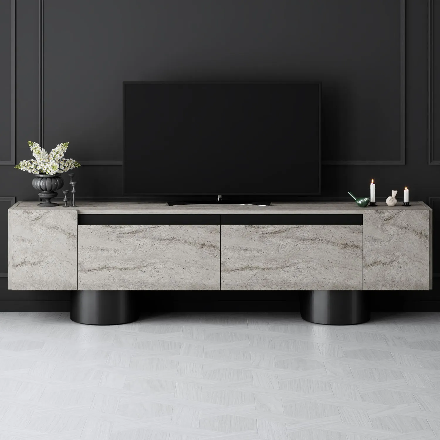 Szafka RTV z 2 klapami na blaszanych nogach BOHEM 180x50x30 cm trawertyn czarny stelaż — zdjęcie 4