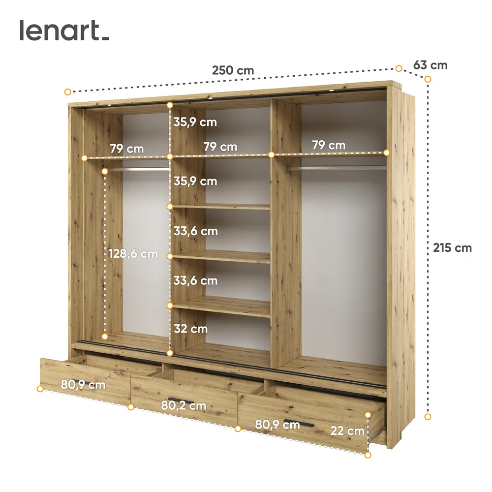 Szafa 3-drzwiowa LED ARTI AR-01P dąb artisan - AR1DAP