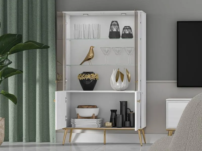 Witryna 2-drzwiowa GOLDIN 03 biały połysk na złotych nogach z oświetleniem - 1GOLD03-001
