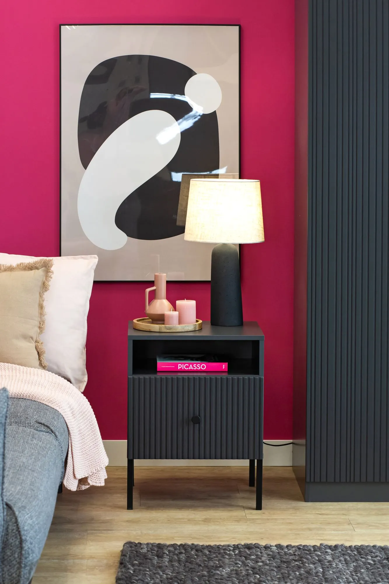 Szafka nocna z 1 szufladą VIENA ryflowany front antracyt - INT_5003205