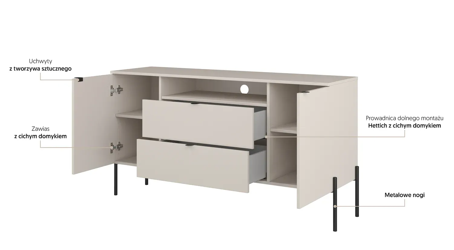 Komoda 2-drzwiowa z 2 szufladami i wnęką ORE 140 cm dąb lindberg kaszmir czarne nóżki - 24LKOG26