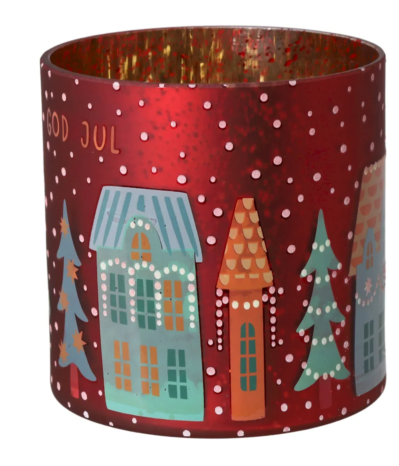 ŚWIECZNIK szklany CZERWONY Z DOMKAMI duży 5216