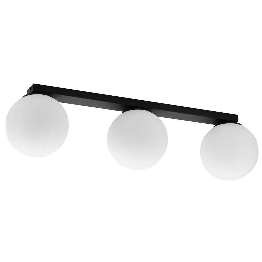 Lampa sufitowa MAXI czarna z białymi okrągłymi szklanymi kloszami na listwie 62x20x16cm
