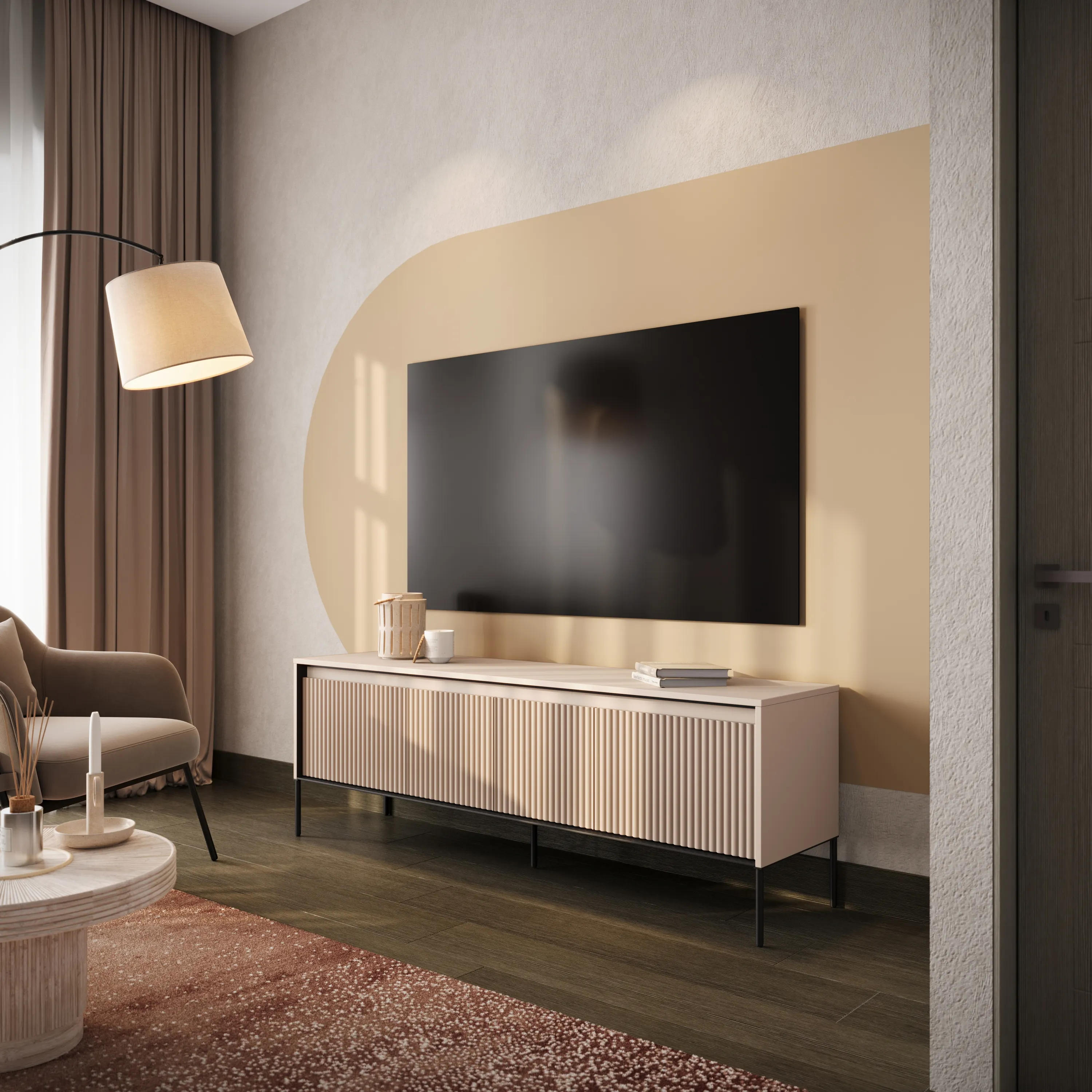Szafka RTV z oświetleniem ryflowana TREND TR-05 4D 166cm - beż piaskowy/czarny — zdjęcie 7