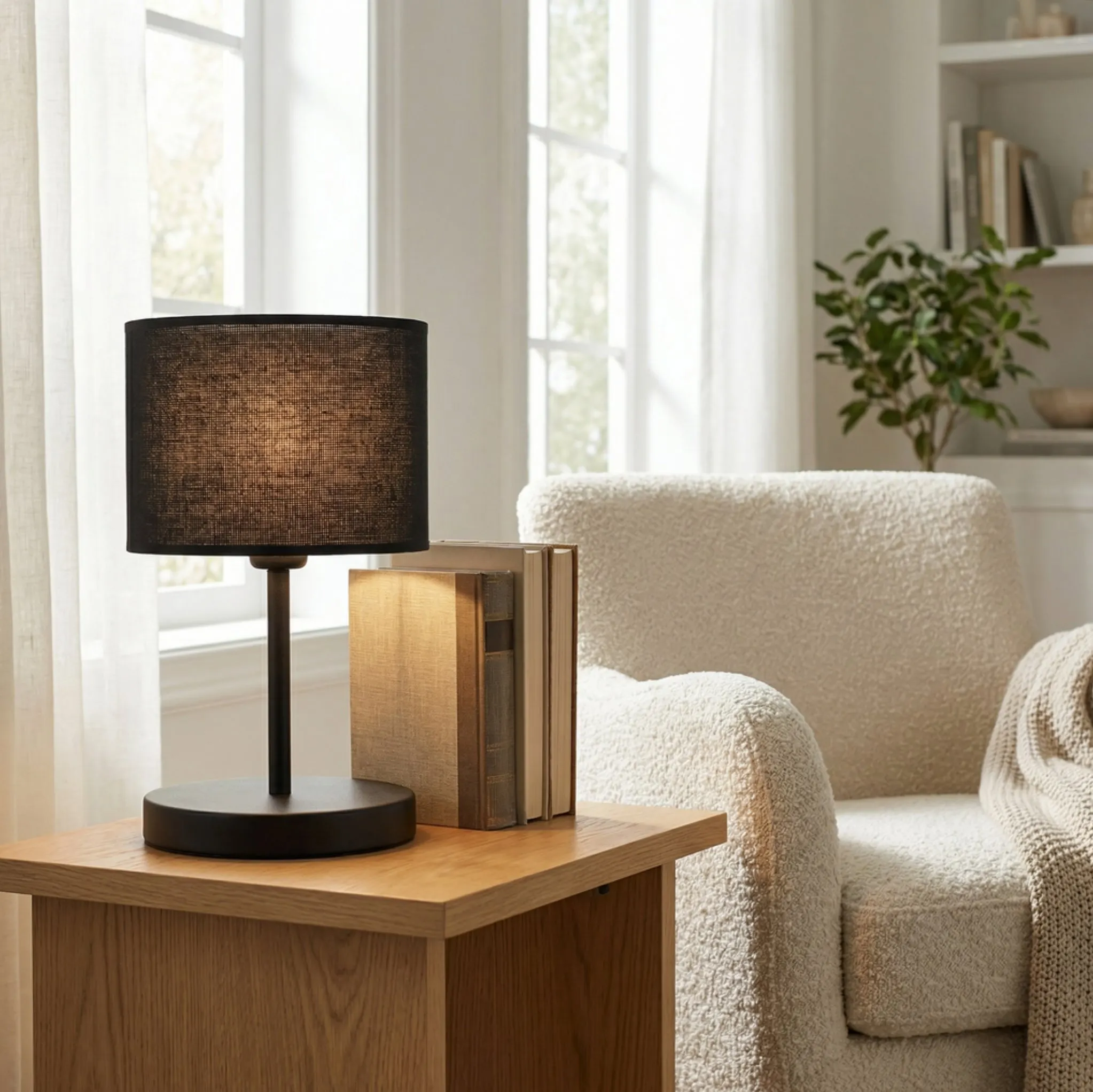 image lampa stołowa, lampa stołowa czarna, drewniana podstawa, pokój dzienny, styl skandynawski