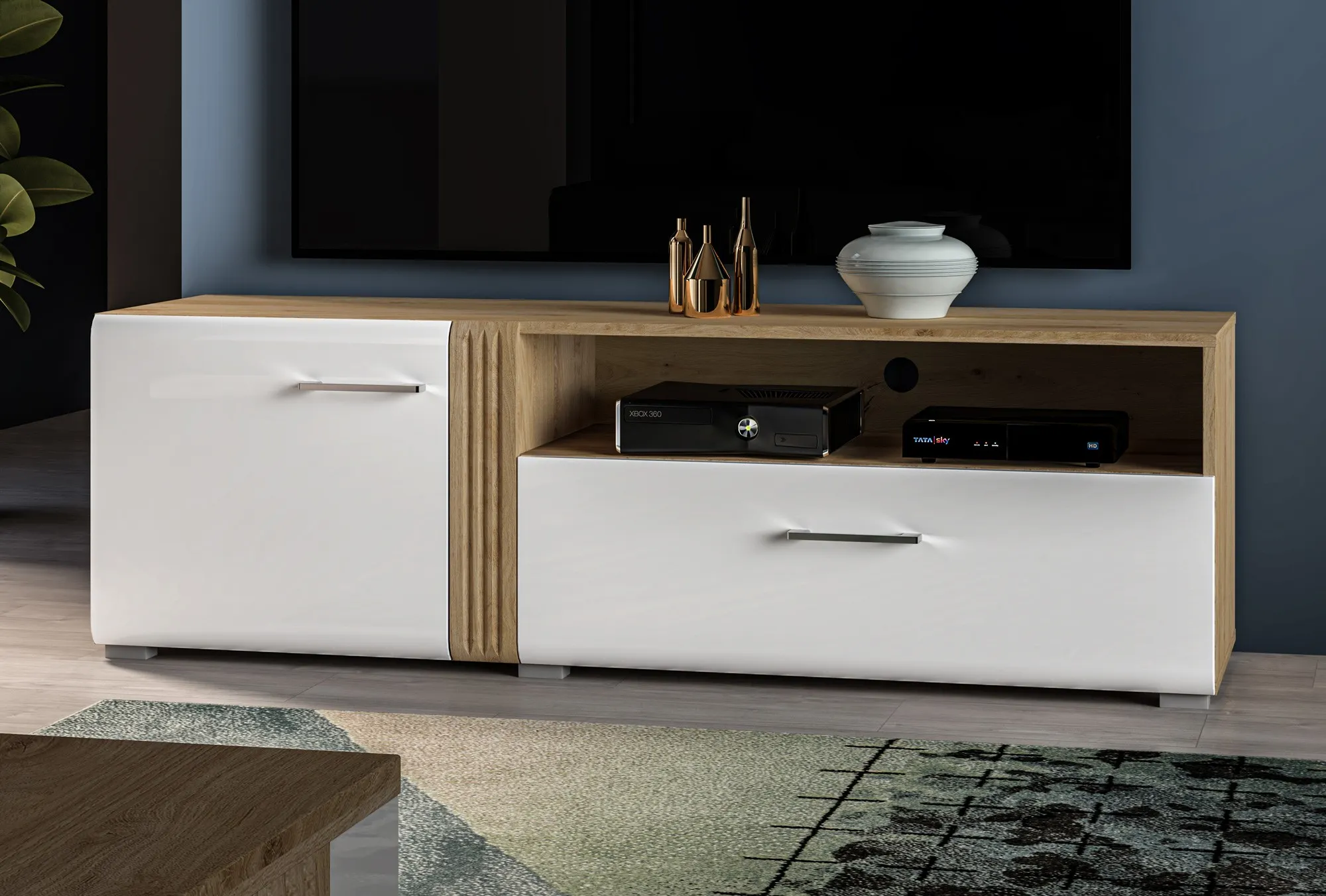 Szafka RTV Adagio 07 dąb castello, biały połysk - 1ADAG07-001