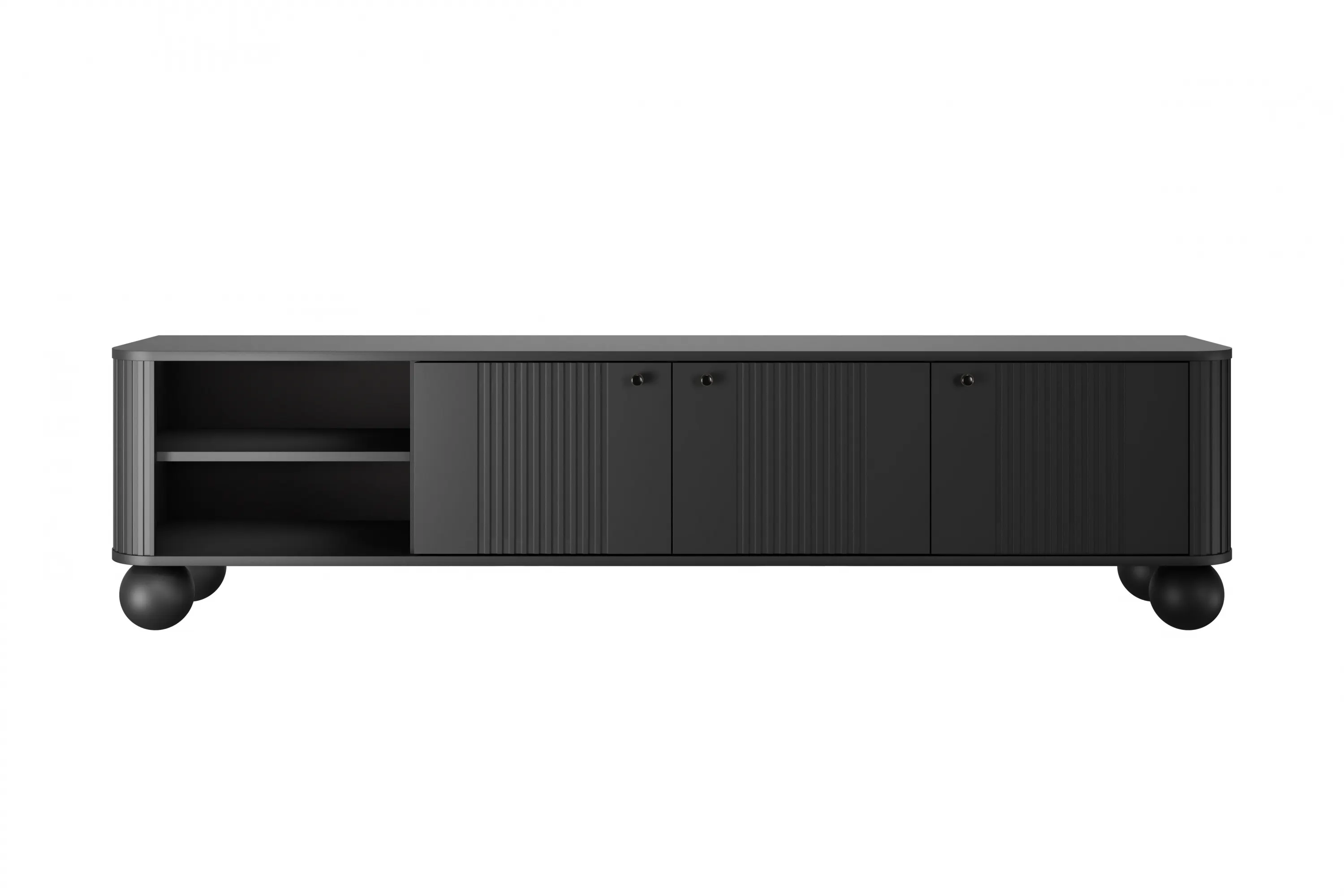 Szafka RTV 3-drzwiowa VESPER RTV 187 ryflowany front czarna czarne uchwyty nogi kule - B_163697