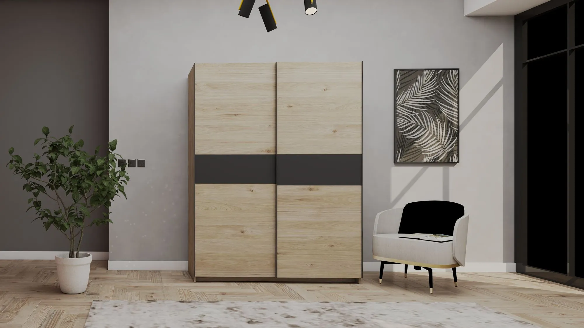 Szafa 2-drzwiowa BERNO 150 Kolor Jackson Hickory+Antracyt Projektowanie wnętrz, Meble, Szafa, Malarstwo, Roślina