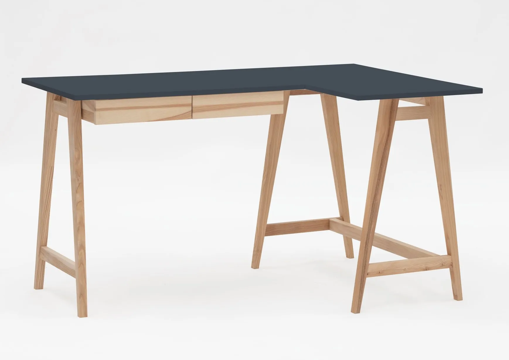 Biurko narożne z szufladą LUKA prawostronne 135x85 grafitowy blat/ drewniane nogi