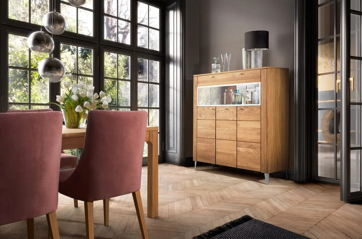 Witryna 3-drzwiowa LATINA 48 drewniana z barkiem i lustrem wewnątrz - dąb miodowy 134x126x42cm - TH-100-1475