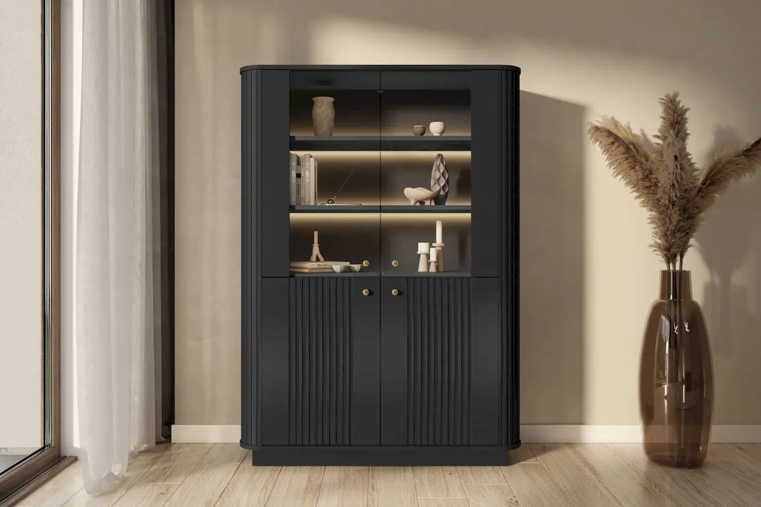 Witryna 4-drzwiowa VESPER z oświetleniem ryflowany front - czarny złote uchwyty cokół - B_169478