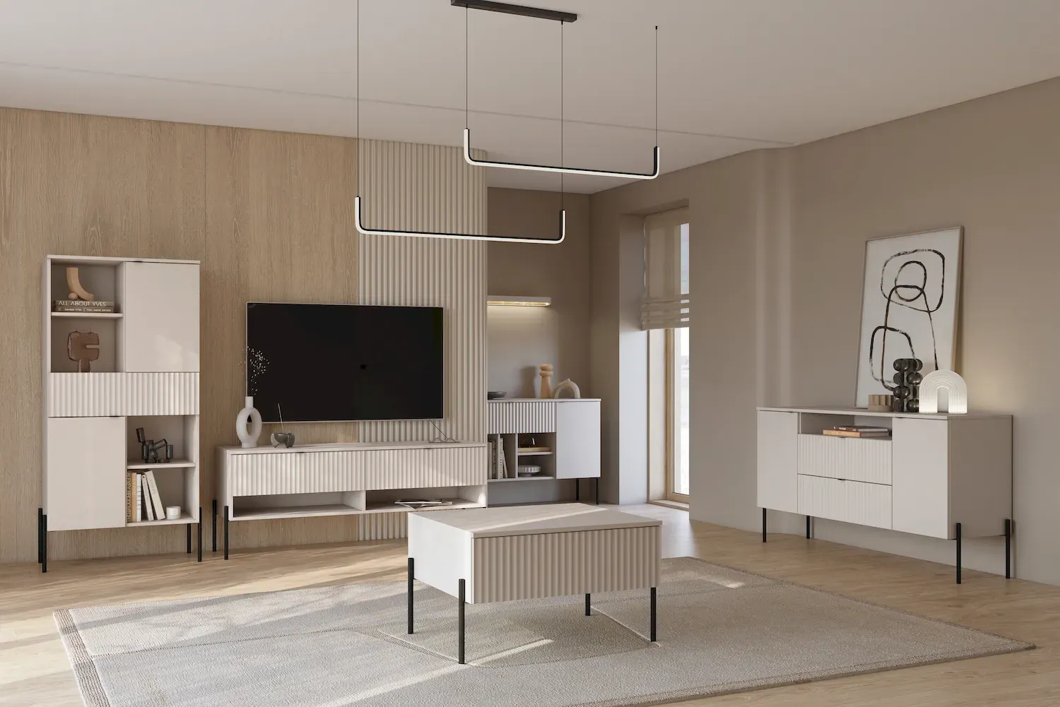 Komoda 2-drzwiowa z 2 szufladami i wnęką ORE 140 cm kaszmir ryflowany front czarne nóżki — zdjęcie 8