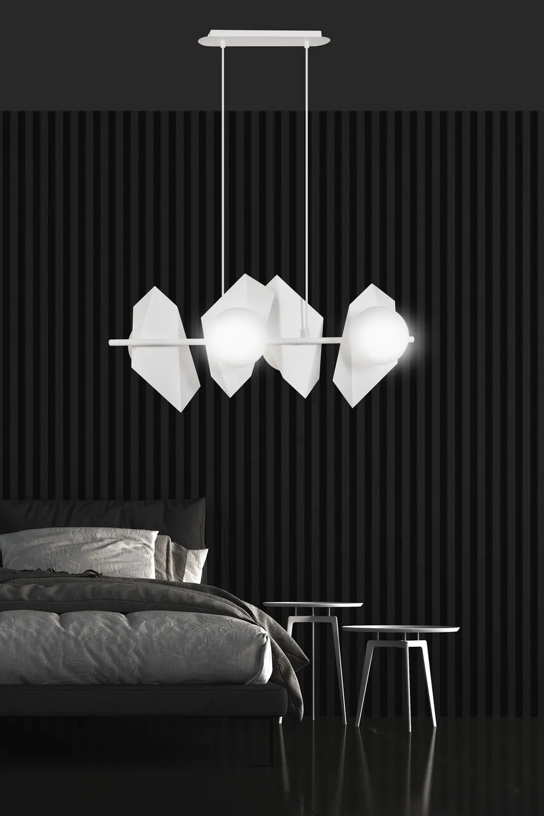 lampa wisząca, kinkiet sufitowy, modernistyczna lampa, geometryczne klosze, wyposażenie sypialni