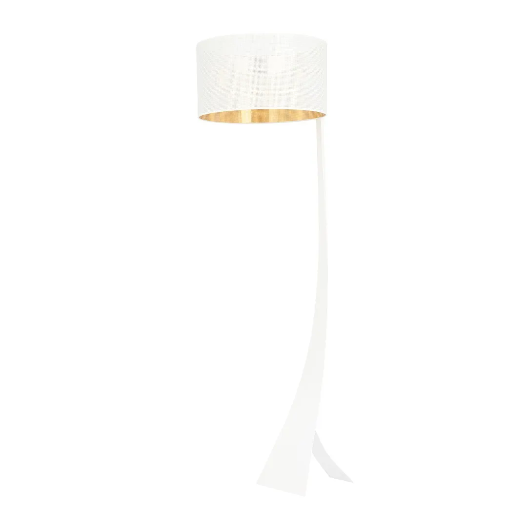 lampa stojąca, lampa podłogowa, biała, abażur perforowany, podstawa wygięta
