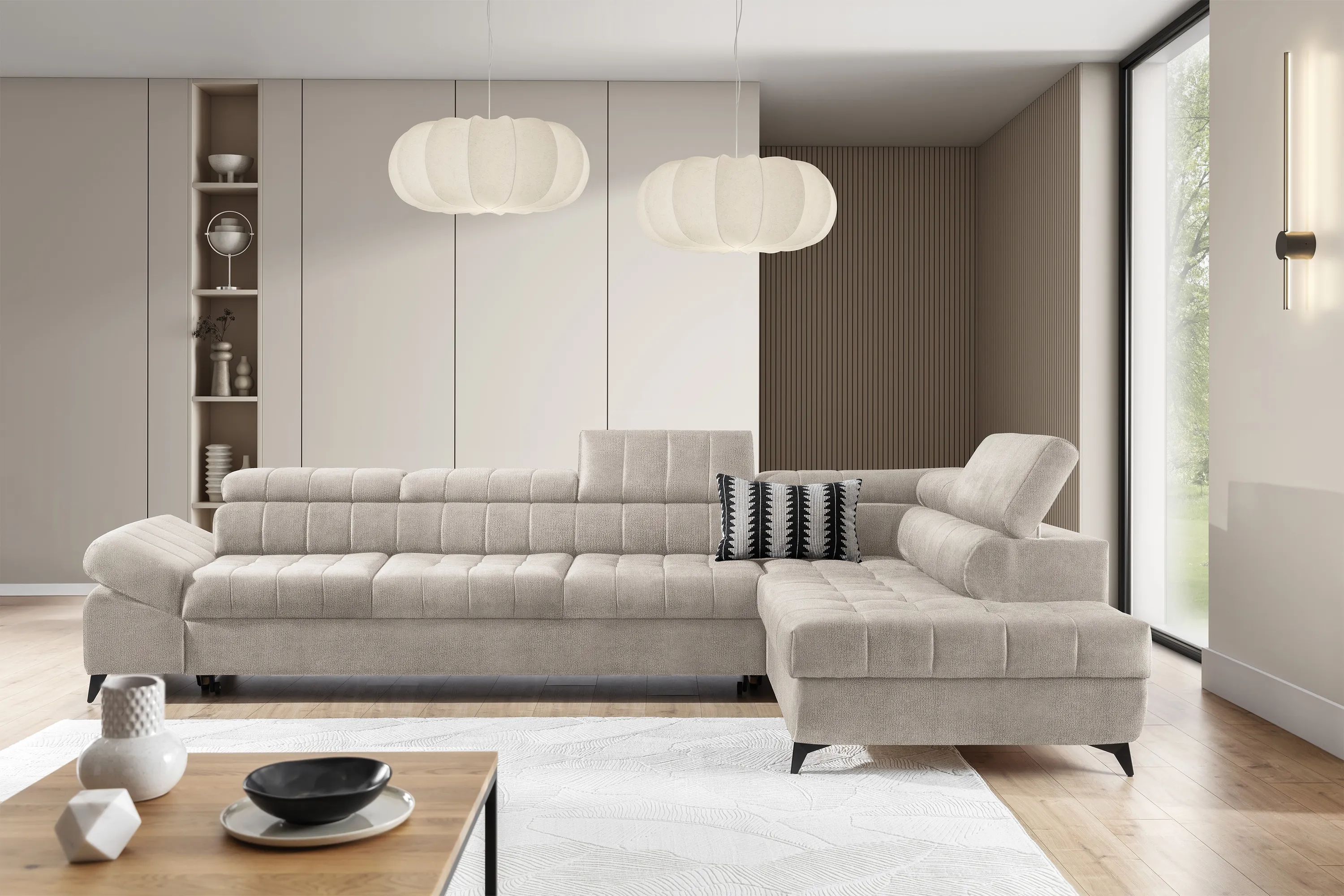 Narożnik prawostronny VALORIS MAXI regulowane zagłówki i podłokietniki tkanina Perfect harmony 07 beżowy - B_168600