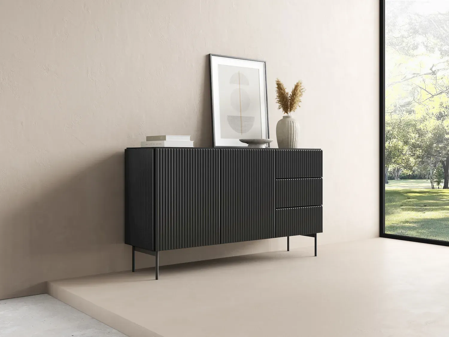 Komoda 2-drziowa z 3 szufladami MUTI 147 ryflowany front czarna - LA_MUTI_KOMODA_147_2D3S_CZARNY