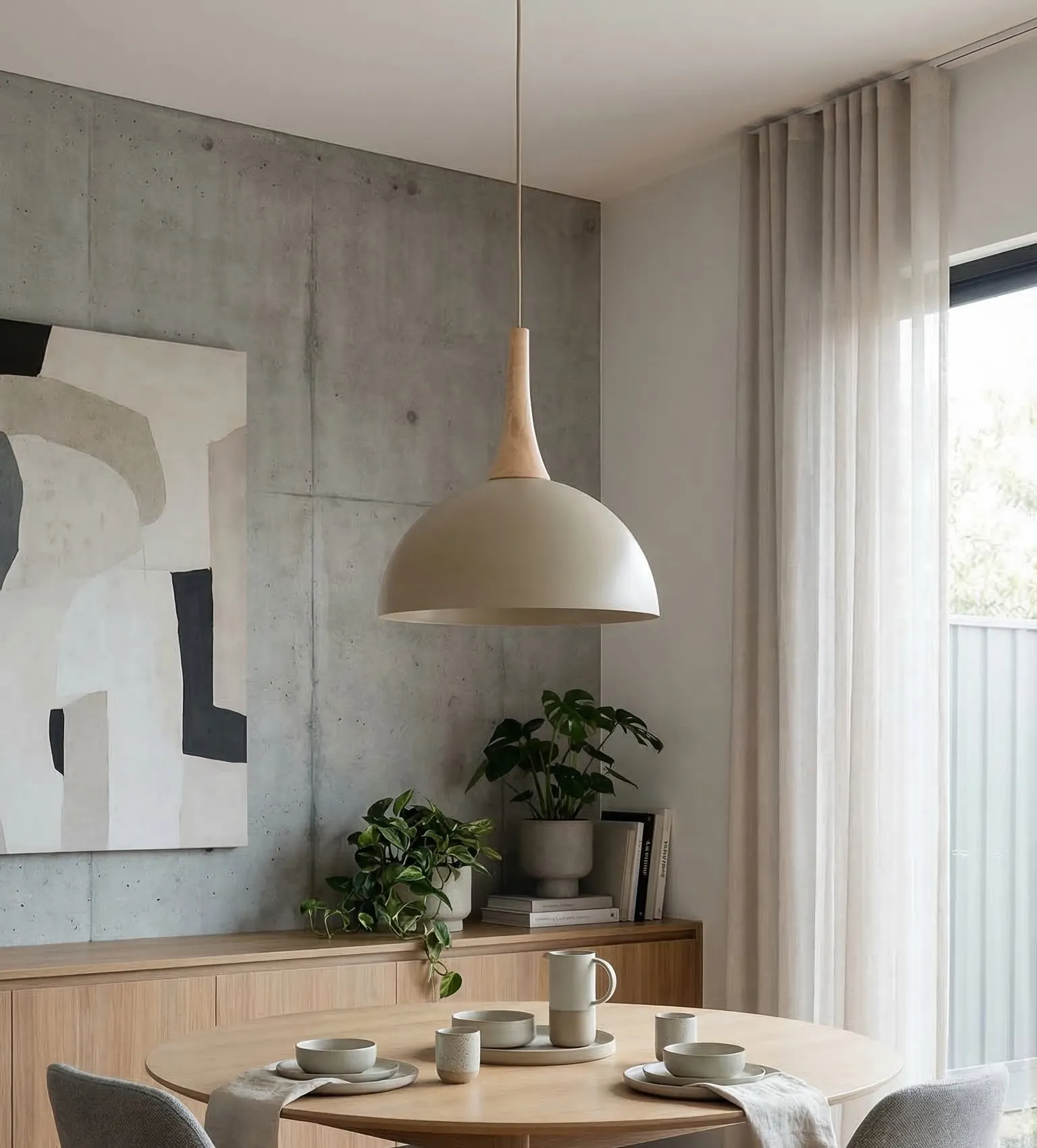 image lamp hangs, dining area, round table, concrete wall, green plants