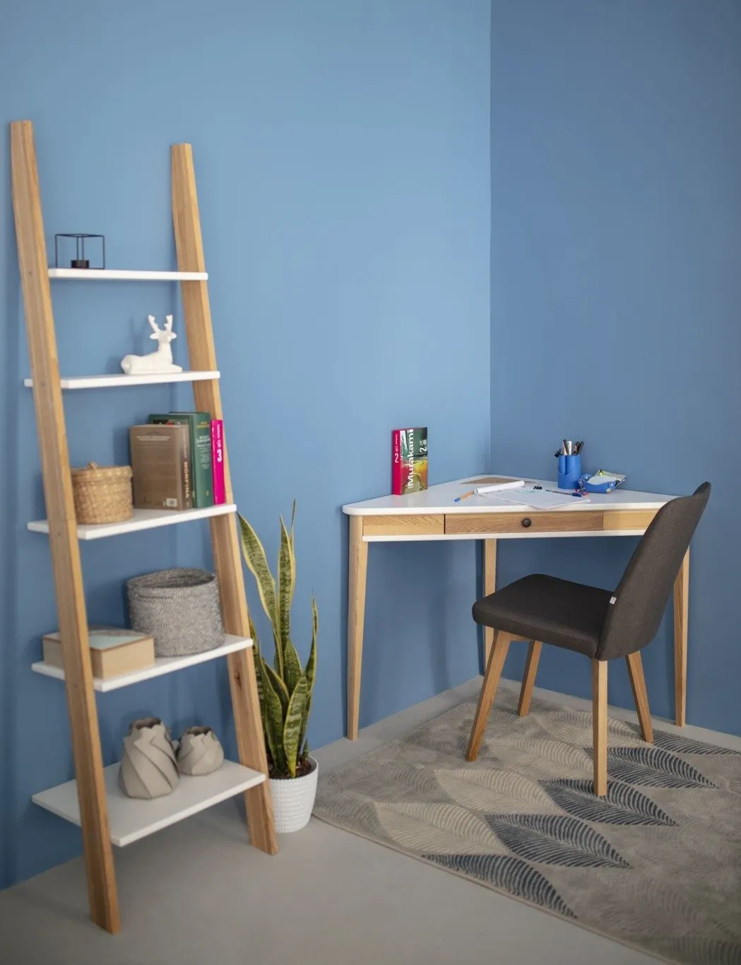 Biurko narożne z szufladą ASHME 114x85 czerwony blat/jesionowe nogi - RAGABAACD12