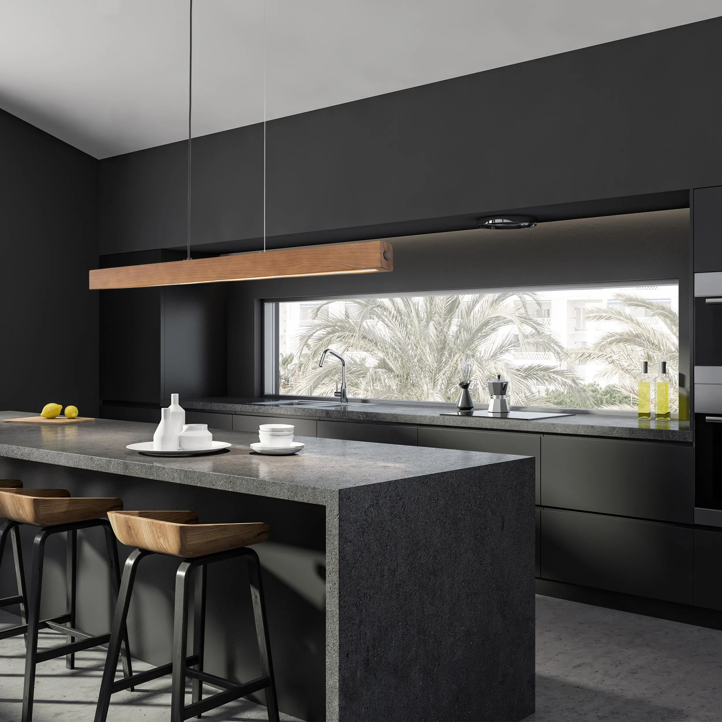 Lampa wisząca TEO LED 15W czarna z drewnianym kloszem z orzecha z włącznikiem 126x100x5cm - TK_1449